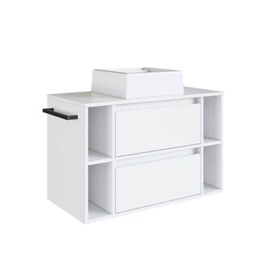 Gabinete de Banheiro Suspenso 80cm com Cuba Branco 4 Nichos 1 Toalheiro 2 Gavetas