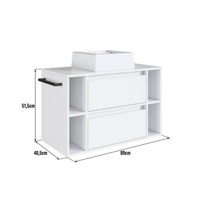 Gabinete de Banheiro Suspenso 80cm com Cuba Branco 4 Nichos 1 Toalheiro 2 Gavetas