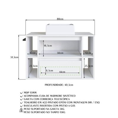 Gabinete de Banheiro Suspenso 80cm com Cuba Branco 4 Nichos 1 Toalheiro 2 Gavetas