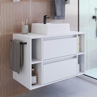 Gabinete de Banheiro Suspenso 80cm com Cuba Branco 4 Nichos 1 Toalheiro 2 Gavetas