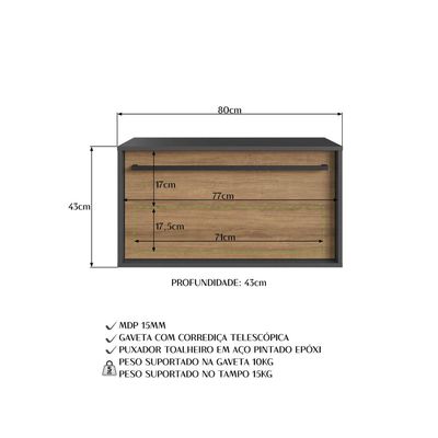 Gabinete Suspenso 80cm Mel Grafite com Gavetão e 1 Toalheiro BH8040MG com Puxador