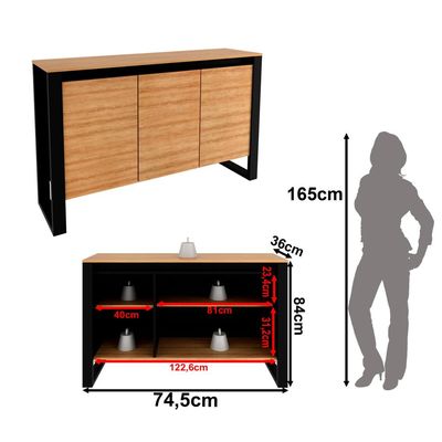 Balcão para Escritório com 3 Portas Estilo Industrial 136cm Amêndoa e Preto ME4147 Tecnomobili Preto