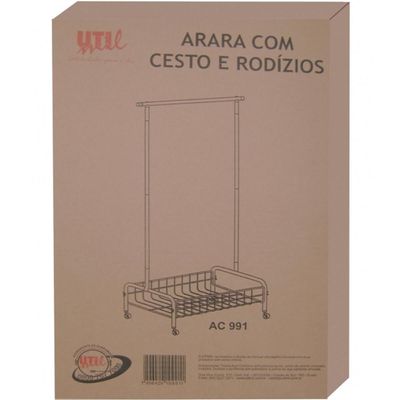 Arara de Roupas Desmontável Branca com Cesto e Rodízios Utimil Cabideiro de Chão Aço Carbono