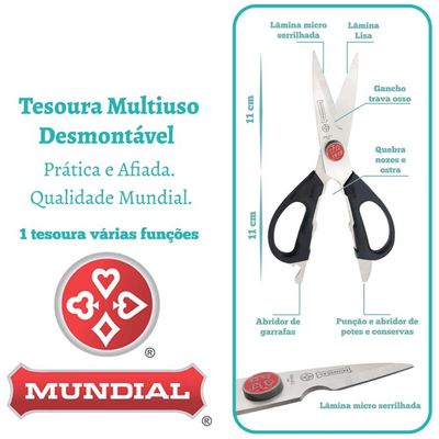 Kit 5 Tesouras de Cozinha Mundial Inox Desmontável 21,5cm Multiuso Culinária Preta