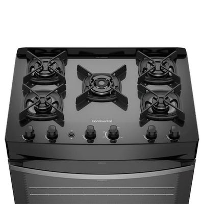 Fogão Continental 5 Bocas FC5GB Preto com Mesa de Vidro, Forno Eco Turbo e Tripla Chama Preto / Bivolt