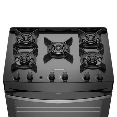 Fogão Continental 5 Bocas FC5GB Preto com Mesa de Vidro, Forno Eco Turbo e Tripla Chama Preto / Bivolt