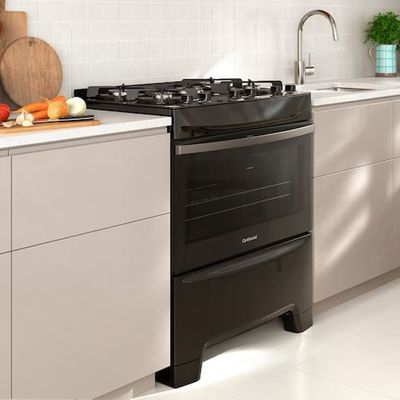 Fogão Continental 5 Bocas FC5GB Preto com Mesa de Vidro, Forno Eco Turbo e Tripla Chama Preto / Bivolt