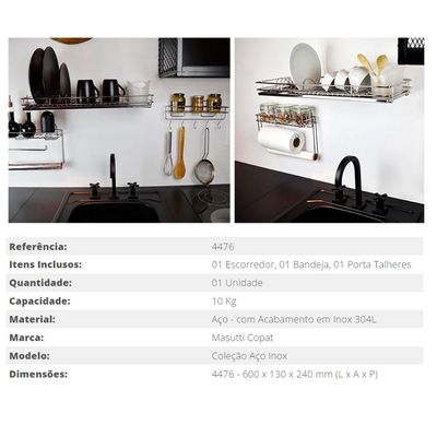 Escorredor de Louça Aéreo com Bandeja e Porta Talheres Masutti Copat em Aço Inox