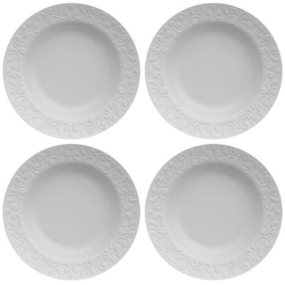 Jogo 4 Pratos Fundos Redondos 23,5cm em Porcelana com Relevo Tassel Germer Branco