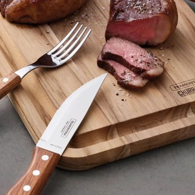 Jogo de Talheres Churrasco Faqueiro Tramontina Dynamic Aço Inox e Madeira Natural 12 Peças
