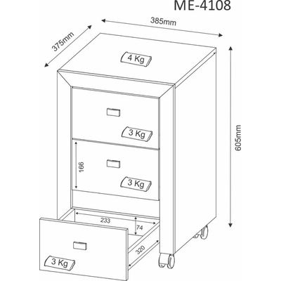 Gaveteiro Escritório 38,5x37,5x60,5cm 3 Gavetas Rodízio Multiuso Home Office Cômoda ME4108 Amêndoa Tecnomobili