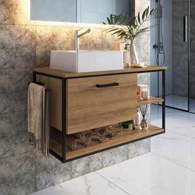 Gabinete Suspenso para Banheiro 80cm Preto e Mel Estilo Industrial sem Cuba Placa e Ponto