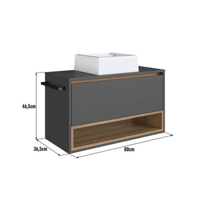 Gabinete Suspenso 80cm Mel Grafite com Cuba 1 Nicho 1 Porta e Toalheiro BH8060MG