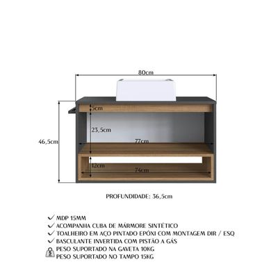 Gabinete Suspenso 80cm Mel Grafite com Cuba 1 Nicho 1 Porta e Toalheiro BH8060MG