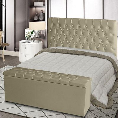 Kit Cabeceira De Cama E Calçadeira Baú Estrela Casal 140 Cm Suede Bege De Casa Móveis E Decoração