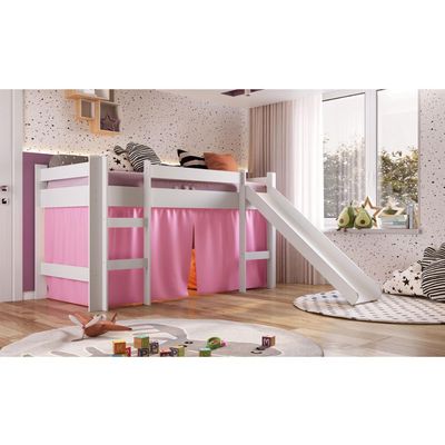 Cama Infantil Elevada com Escorregador Branca e Cortina Rosa