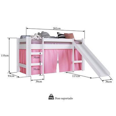 Cama Infantil Elevada com Escorregador Branca e Cortina Rosa
