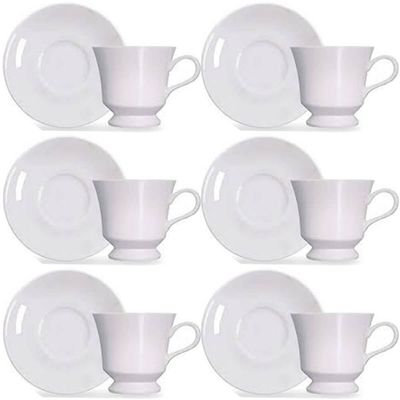 Jogo 6 Xícaras com Pires de Porcelana Branca 80ml para Chá Café Expresso Germer Capri