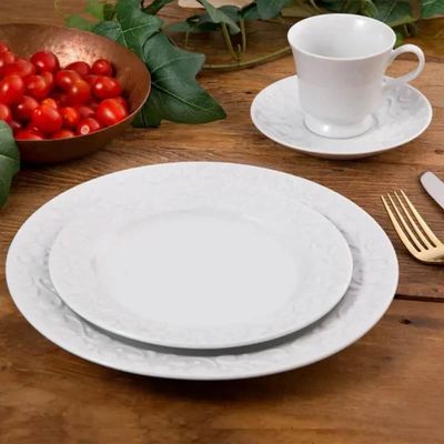 4 Pratos de Sobremesa Porcelana Relevo Tassel Germer 20,5cm Redondo Branco