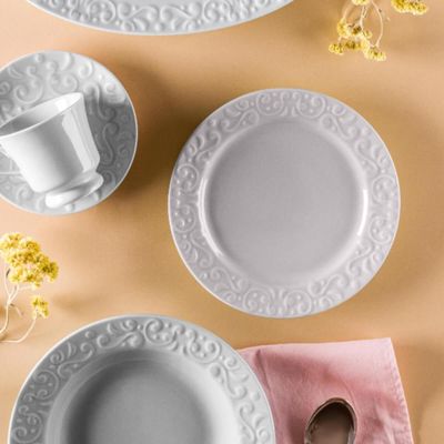 4 Pratos de Sobremesa Porcelana Relevo Tassel Germer 20,5cm Redondo Branco
