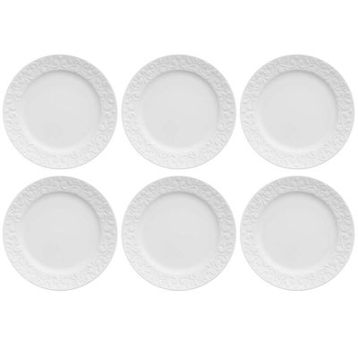 Jogo 6 Pratos de Sobremesa em Porcelana 20,5cm Tassel Germer Branco Redondo