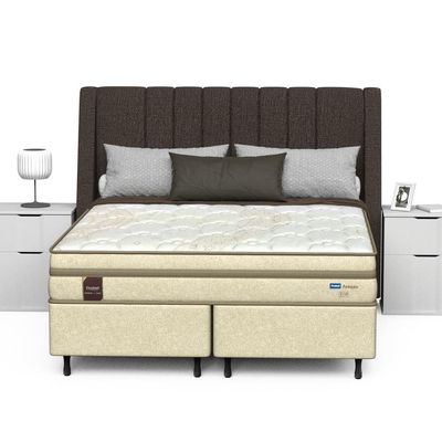 Cama Box Queen Size Probel Arezzo Revestido em Tecido Jacquard + Colchão com Pillow Euro e Molas Ensacadas Individualmente 26x188x158cm Branco com Bege