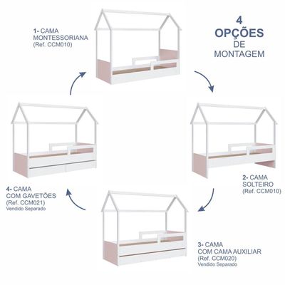 Cama Infantil Montessoriana com Cama Auxiliar Branco e Rosa