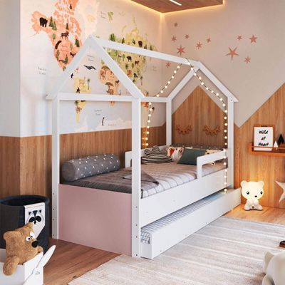 Cama Infantil Montessoriana com Cama Auxiliar Branco e Rosa