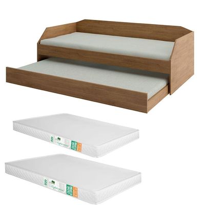 Bicama Solteiro Duo Luxo Com Cama Auxiliar Em Mdf Premium Amendoa Com 2 Colchões