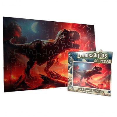 Quebra-cabeça Dinossauro T-rex 60 Peças + Chaveiro Especial