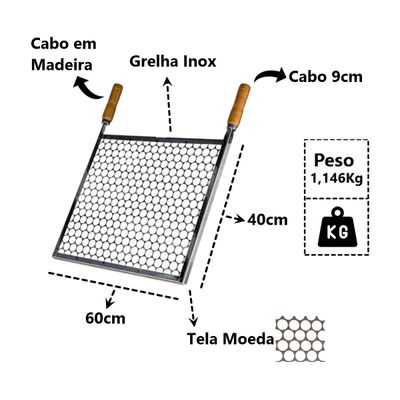 Grelha Retangular Inox Tela Moeda Para Churrasqueira 60x40cm