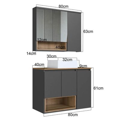 Gabinete 80cm Cecília Mel Grafite com Espelheira Cuba Branca 3 Portas E 1 Nicho De Banheiro