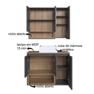 Gabinete 80cm Cecília Mel Grafite com Espelheira Cuba Branca 3 Portas E 1 Nicho De Banheiro