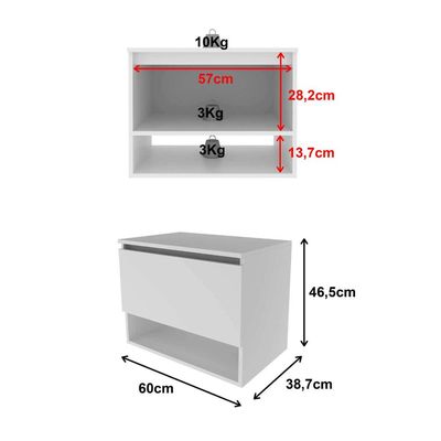 Balcão Gabinete Suspenso para Banheiro 60cm com 1 Porta e Nicho BN3606 Branco SEM CUBA