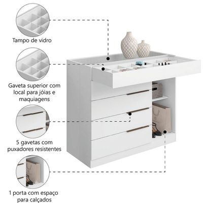 Cômoda 5 Gavetas Com Porta Joias Organizador Tampo De Vidro Sevilha Aramóveis Branco