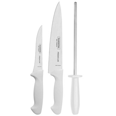 Jogo De Facas Tramontina Premium Inox 3 Pçs 5' E 8' Chaira Branco Inox