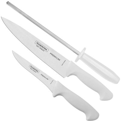 Jogo De Facas Tramontina Premium Inox 3 Pçs 5' E 8' Chaira Branco Inox