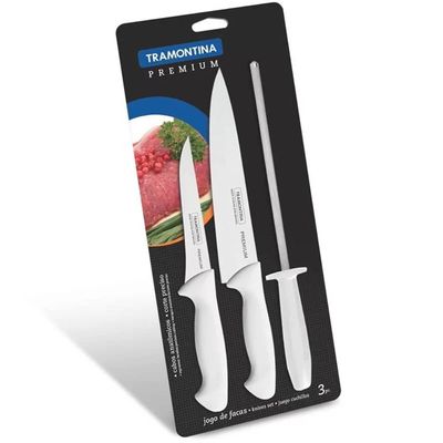 Jogo De Facas Tramontina Premium Inox 3 Pçs 5' E 8' Chaira Branco Inox