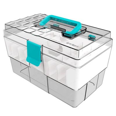 Maleta Organizadora Crippa Para Maquiagem Acessórios Medicamentos Transparente e Azul Turquesa
