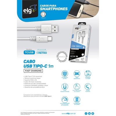 Cabo Tipo-C USB ELG  TCUSB Branco 1m