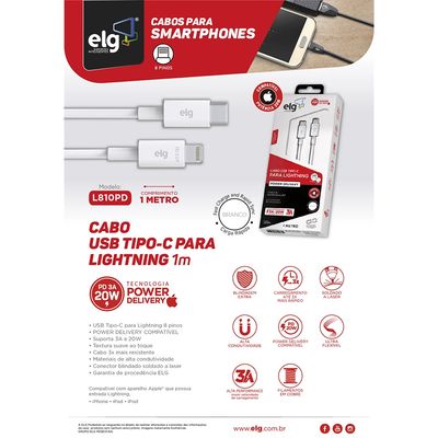 Cabo Lightning ELG L810PD USB Tipo-C 1m Branco