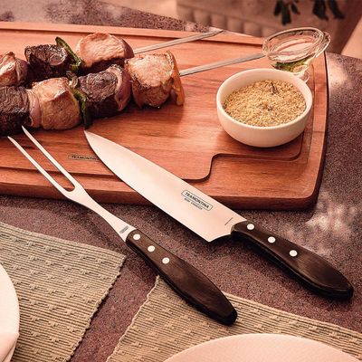 Kit Churrasco Garfo e Faca 8' Tramontina Jogo Trinchante Aço Inox Madeira Polywood Castanho
