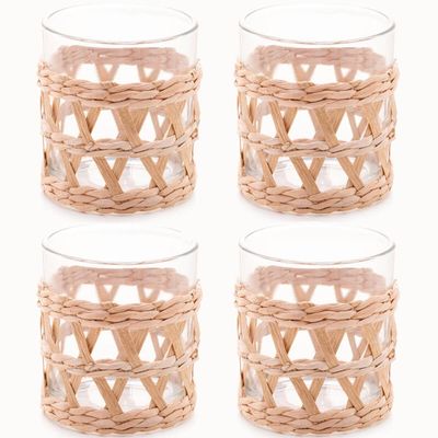 Conjunto 4 Copos de Vidro Wolff Baixos com Sisal 320ml Fibra Natural Mesa Posta Rústica
