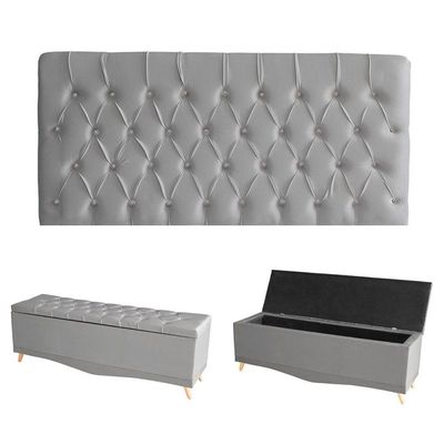 Kit Estrela Cabeceira De Cama Painel E Calçadeira Baú Botão Cristal King 195 Cm Suede Prata Eli Móveis E Decoração