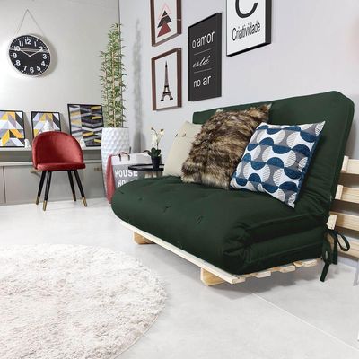 Sofa Cama Casal Futon Oriental Verde Militar Com Madeira Maciça