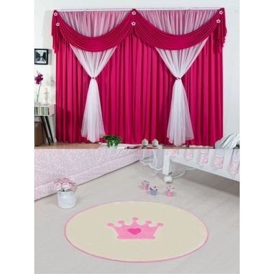 Kit decoração p/ Quarto de Menina = Cortina Malha Jessica + Tapete Pelucia Coroa Baby Pink