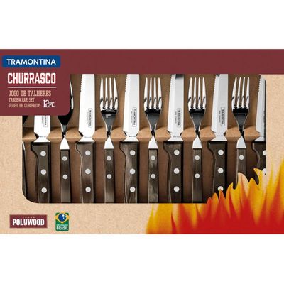 Jogo 12 Talheres Jumbo Tramontina Churrasco Lâminas Aço Inox Cabos Madeira Polywood Castanho