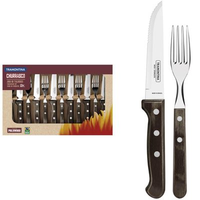 Jogo 12 Talheres Jumbo Tramontina Churrasco Lâminas Aço Inox Cabos Madeira Polywood Castanho