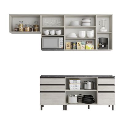 Cozinha Bartira Cristal com 7 Portas, 6 Gavetas, 4 Prateleiras e Nicho para Micro-ondas - 260cm de largura Freixo/Azul