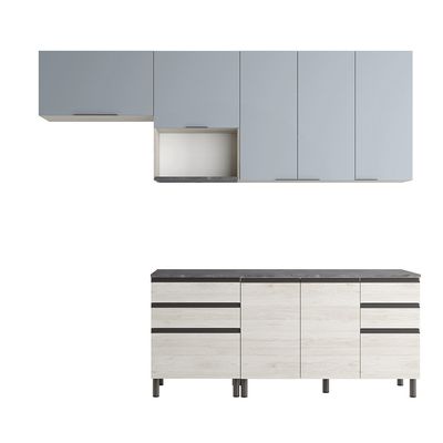 Cozinha Bartira Cristal com 7 Portas, 6 Gavetas, 4 Prateleiras e Nicho para Micro-ondas - 260cm de largura Freixo/Azul